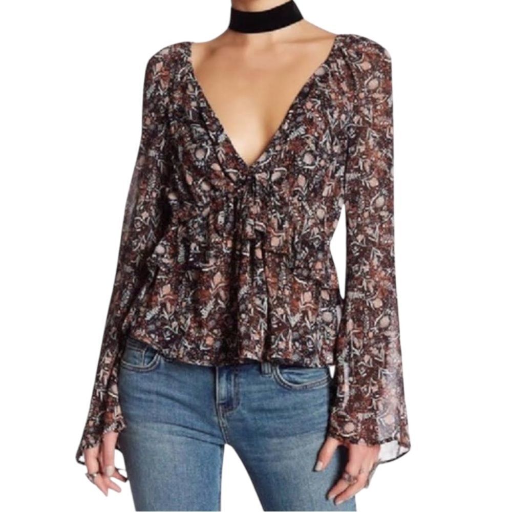 FREE PEOPLE Uptown Floral Ruffle Bell Sleeve Top S